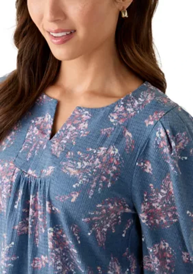 Petite Floral Ribbed Split Neck Top