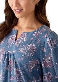 Petite Floral Ribbed Split Neck Top