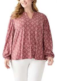Plus Blouson Sleeve Split Neck Floral Stamp Top