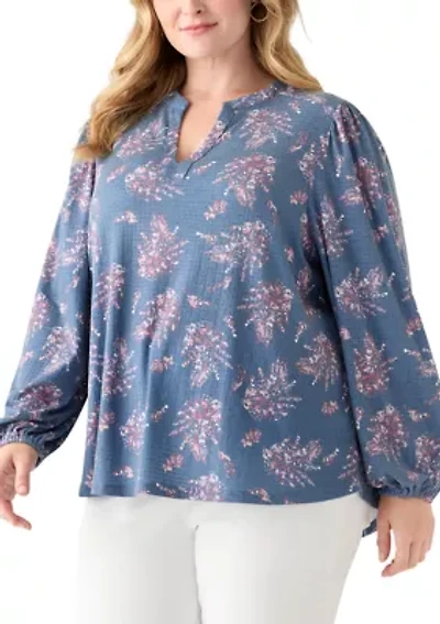 Plus Blouson Sleeve Split Neck Floral Stamp Top