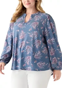 Plus Blouson Sleeve Split Neck Floral Stamp Top