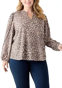 Plus Blouson Sleeve Split Neck Floral Stamp Top