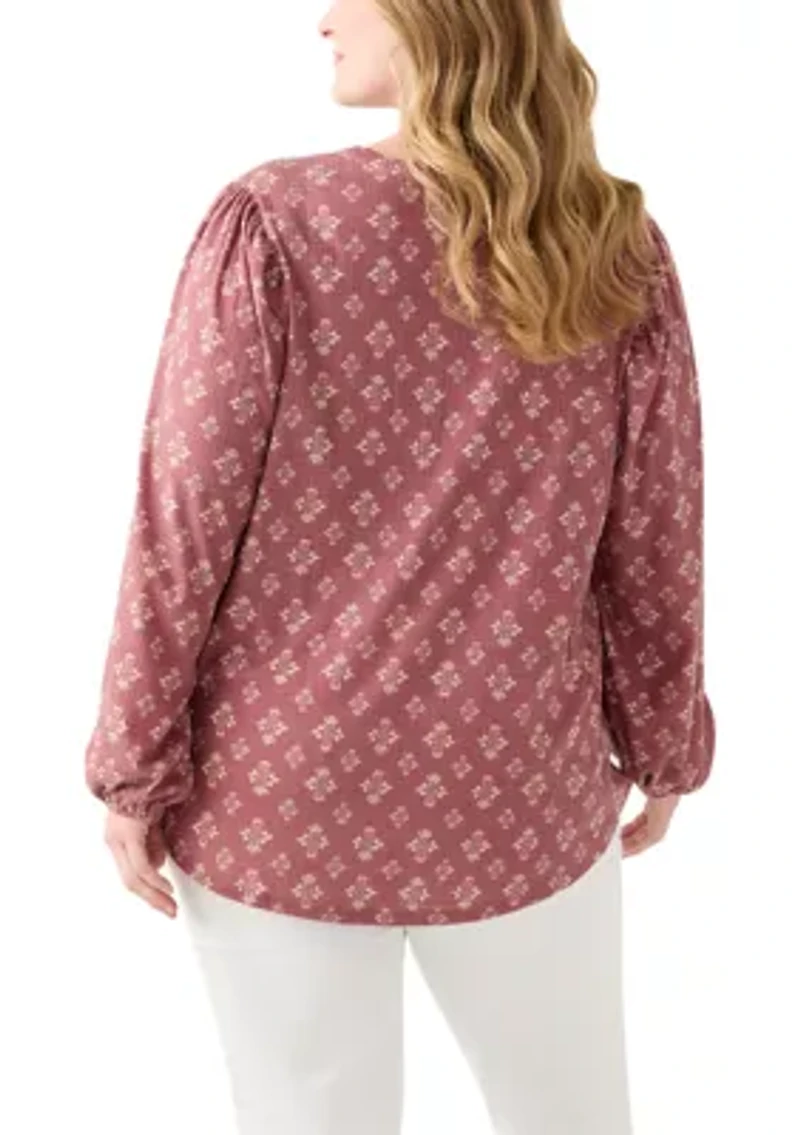 Plus Blouson Sleeve Split Neck Floral Stamp Top