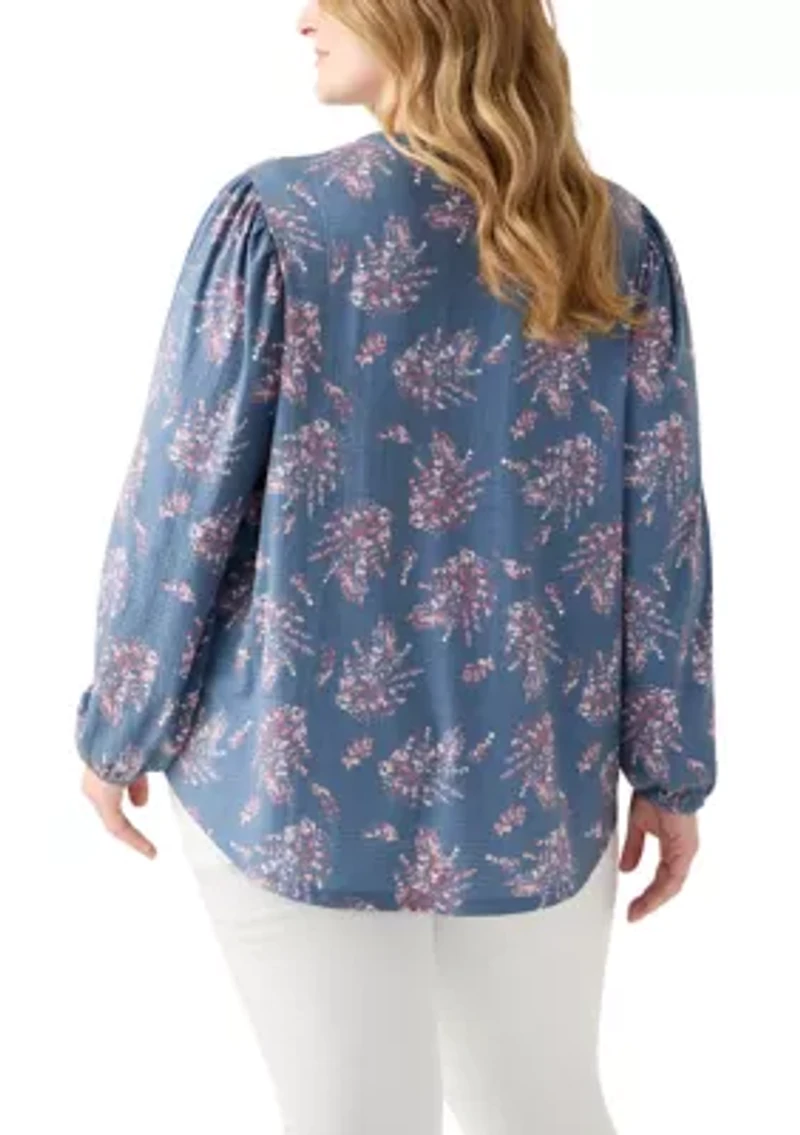 Plus Blouson Sleeve Split Neck Floral Stamp Top