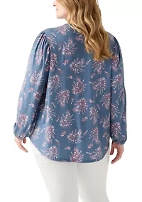 Plus Blouson Sleeve Split Neck Floral Stamp Top