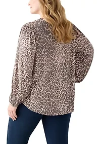 Plus Blouson Sleeve Split Neck Floral Stamp Top