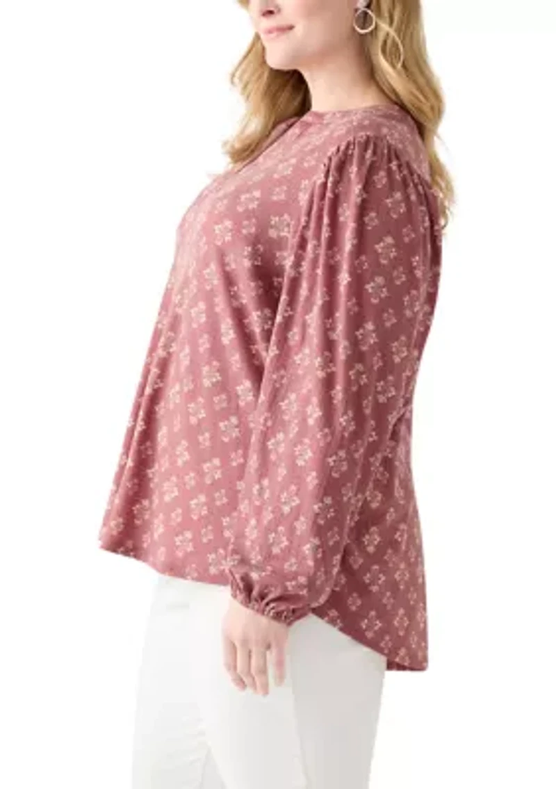 Plus Blouson Sleeve Split Neck Floral Stamp Top