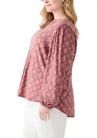 Plus Blouson Sleeve Split Neck Floral Stamp Top