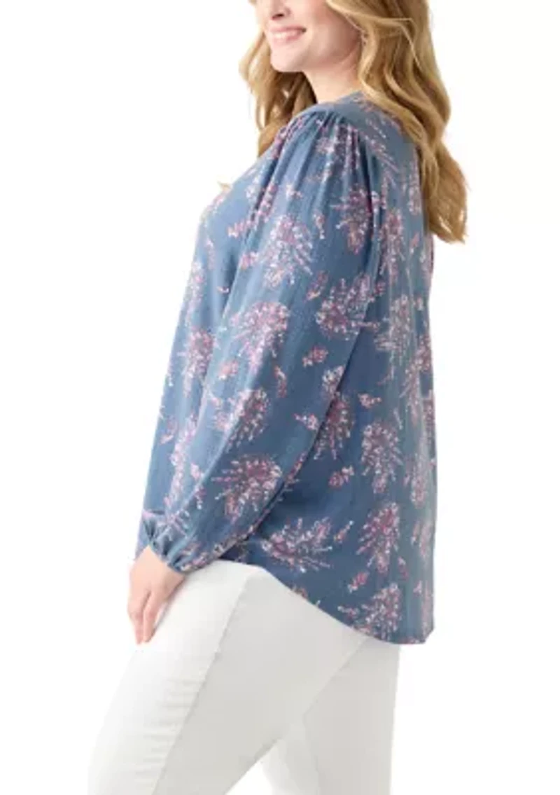 Plus Blouson Sleeve Split Neck Floral Stamp Top