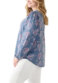 Plus Blouson Sleeve Split Neck Floral Stamp Top