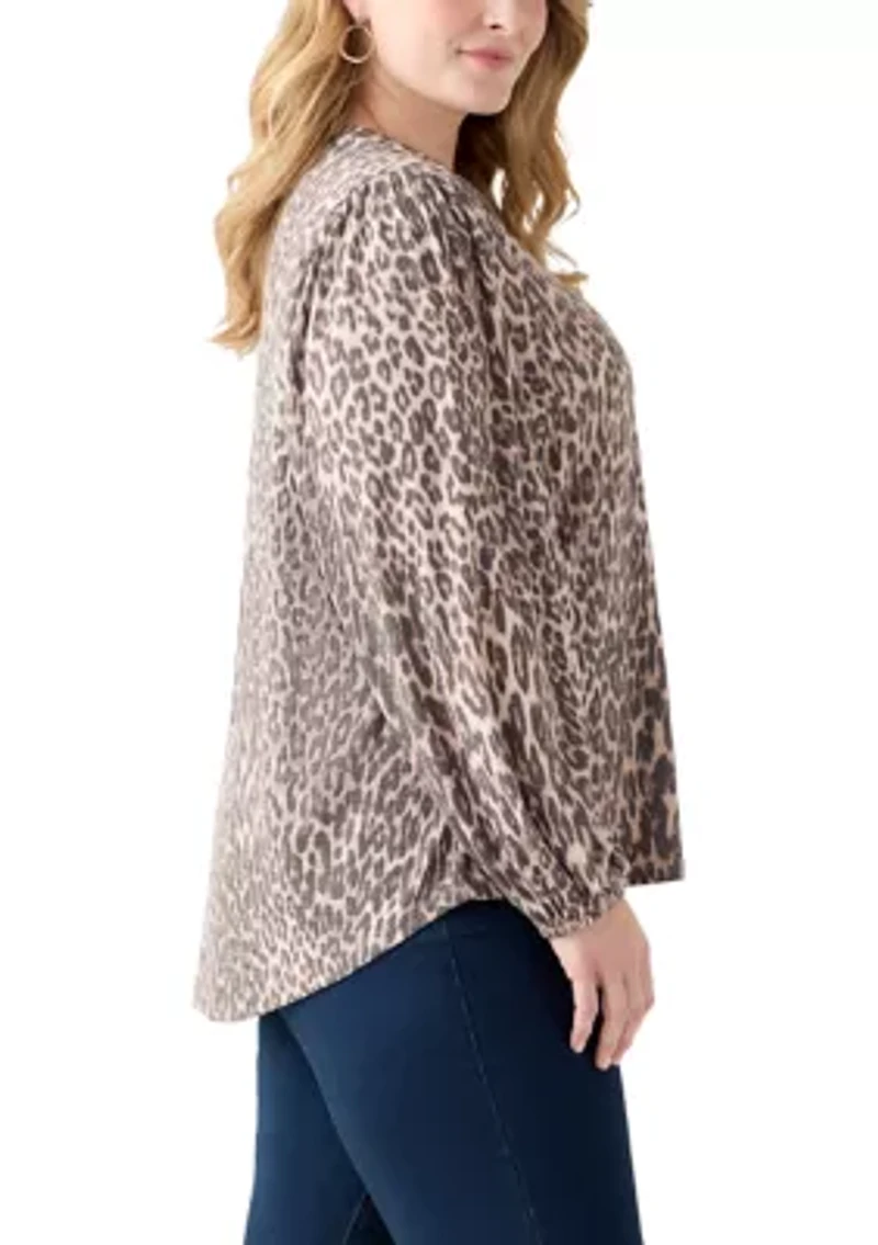 Plus Blouson Sleeve Split Neck Floral Stamp Top