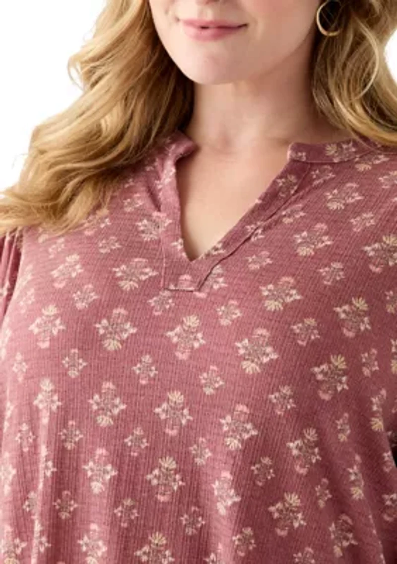 Plus Blouson Sleeve Split Neck Floral Stamp Top