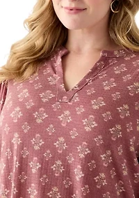 Plus Blouson Sleeve Split Neck Floral Stamp Top