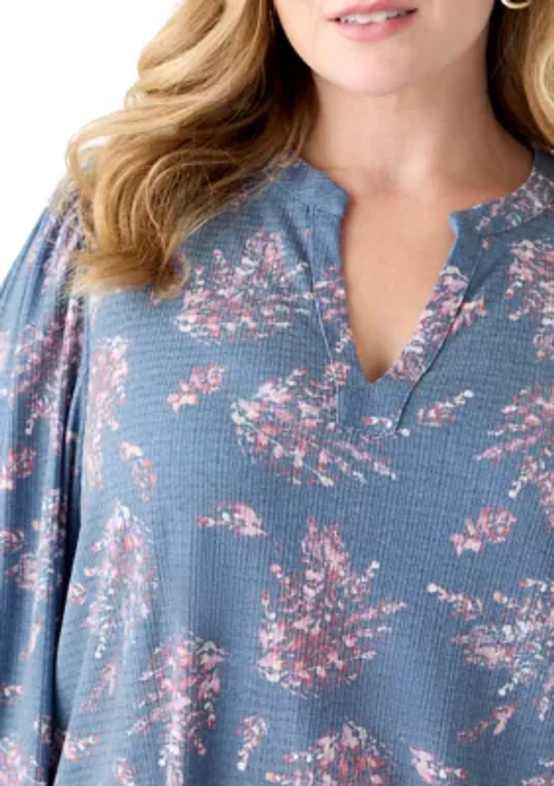 Plus Blouson Sleeve Split Neck Floral Stamp Top