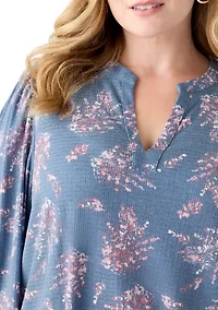 Plus Blouson Sleeve Split Neck Floral Stamp Top