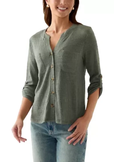 Petite Crinkle Knit Camp Top with Patch Pocket