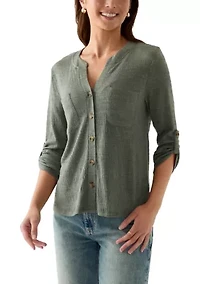 Petite Crinkle Knit Camp Top with Patch Pocket