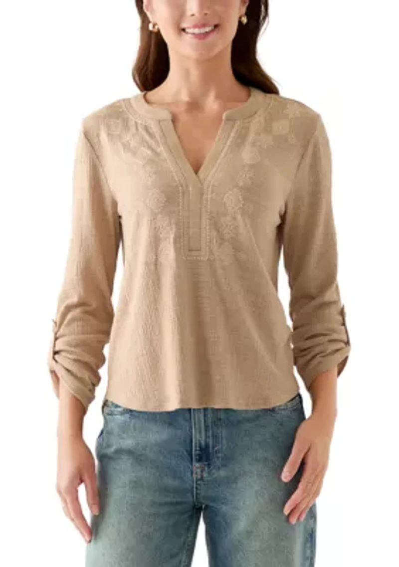 Petite Majolica Blue Embroidered Henley Top