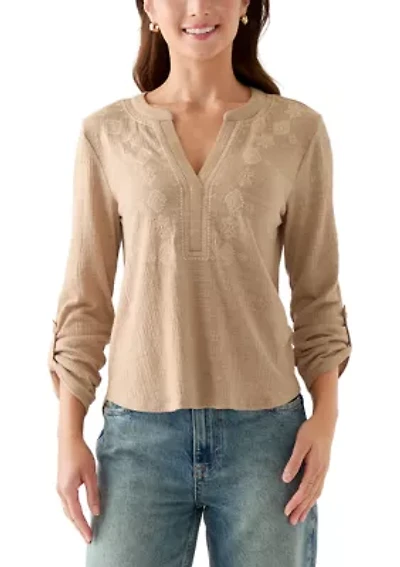 Petite Majolica Blue Embroidered Henley Top