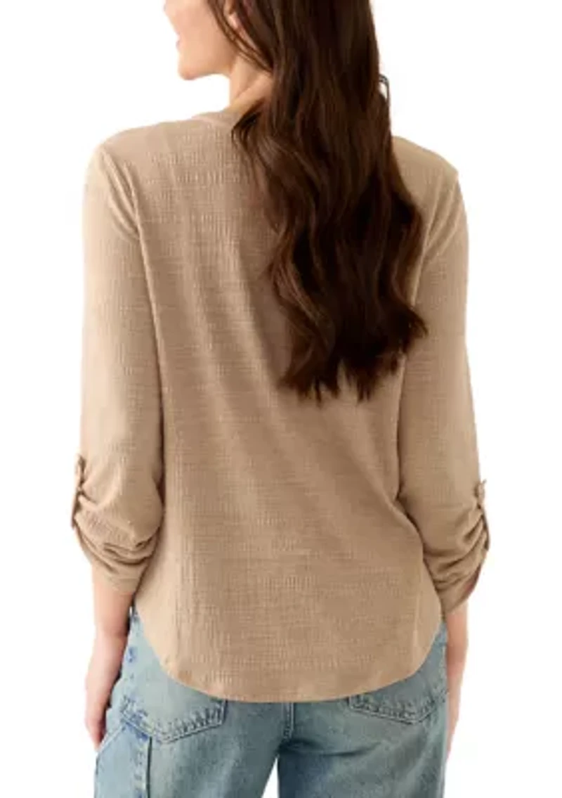 Petite Majolica Blue Embroidered Henley Top