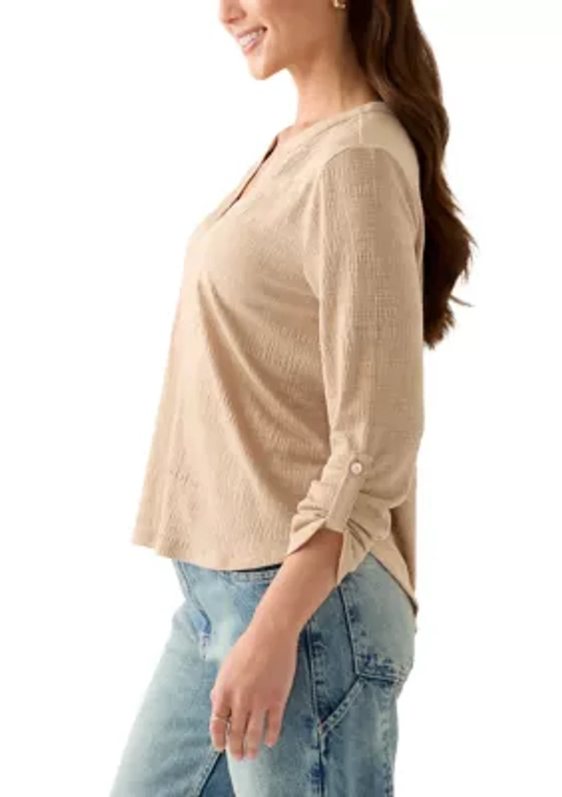 Petite Majolica Blue Embroidered Henley Top