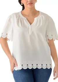 Plus Short Sleeve Split Neck with Scallop Lace Trim Top