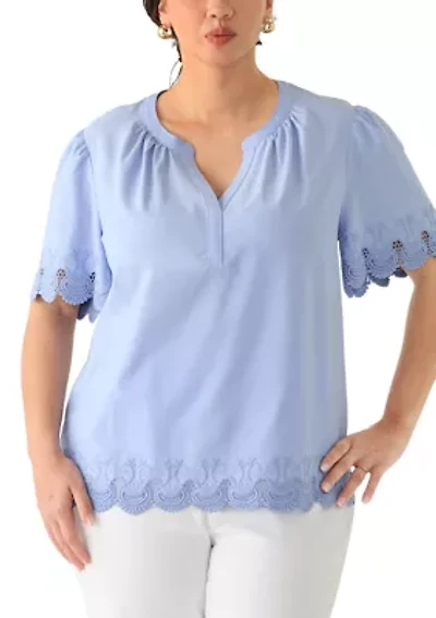 Plus Short Sleeve Split Neck with Scallop Lace Trim Top