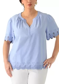 Plus Short Sleeve Split Neck with Scallop Lace Trim Top