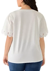 Plus Short Sleeve Split Neck with Scallop Lace Trim Top
