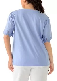 Plus Short Sleeve Split Neck with Scallop Lace Trim Top