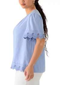 Plus Short Sleeve Split Neck with Scallop Lace Trim Top