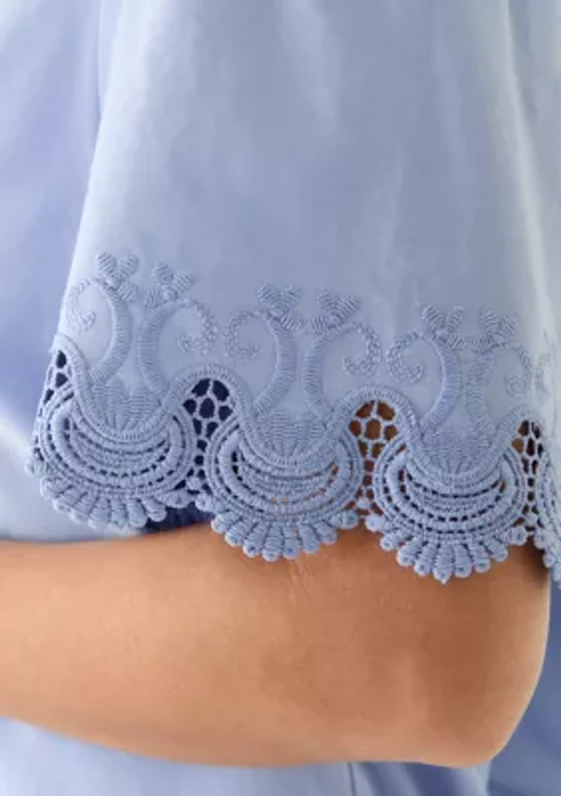 Plus Short Sleeve Split Neck with Scallop Lace Trim Top