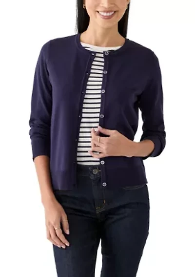 Petite Long Sleeve Solid Cardigan with Novelty Buttons