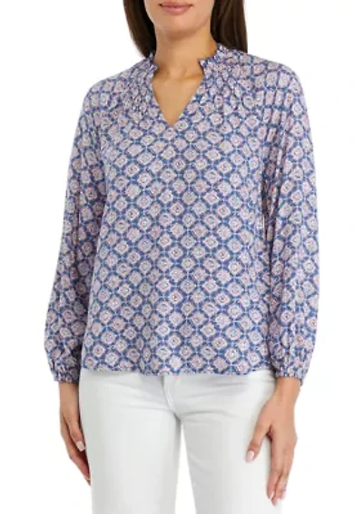 Petite Blouson Sleeve Split Neck Printed Top