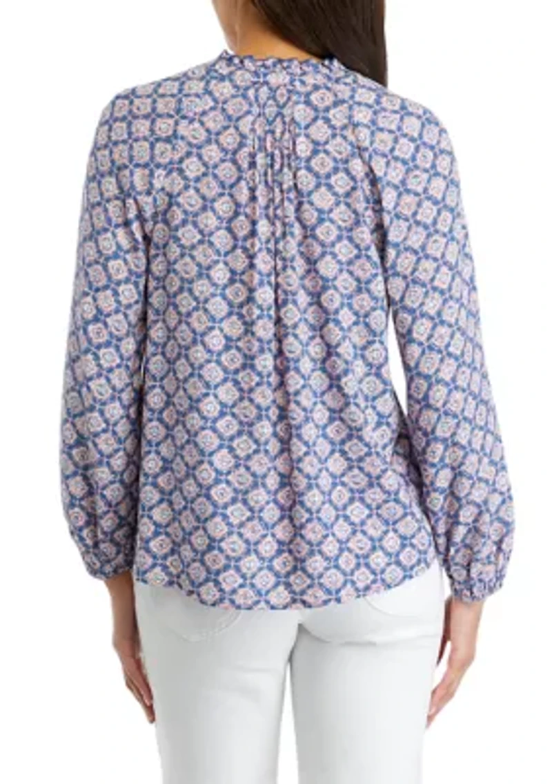 Petite Blouson Sleeve Split Neck Printed Top
