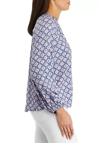 Petite Blouson Sleeve Split Neck Printed Top