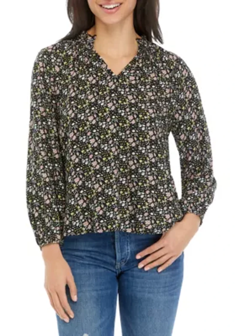 Petite Long Blouson Sleeve Split Neck Top