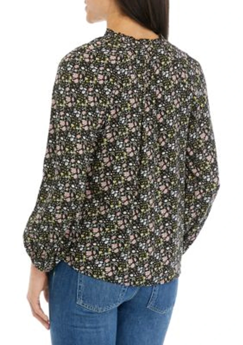 Petite Long Blouson Sleeve Split Neck Top