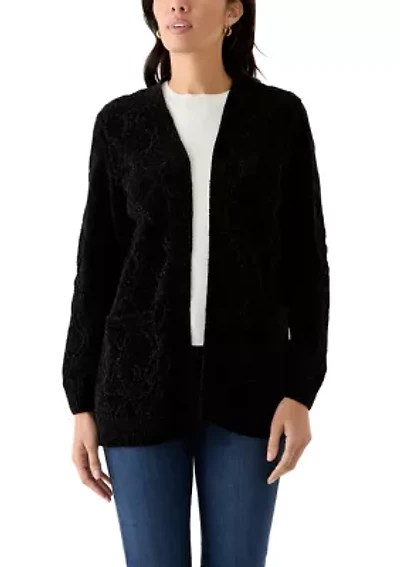 Petite Long Sleeve Open Front Chenille Cardigan