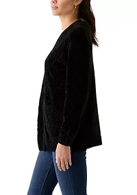 Petite Long Sleeve Open Front Chenille Cardigan