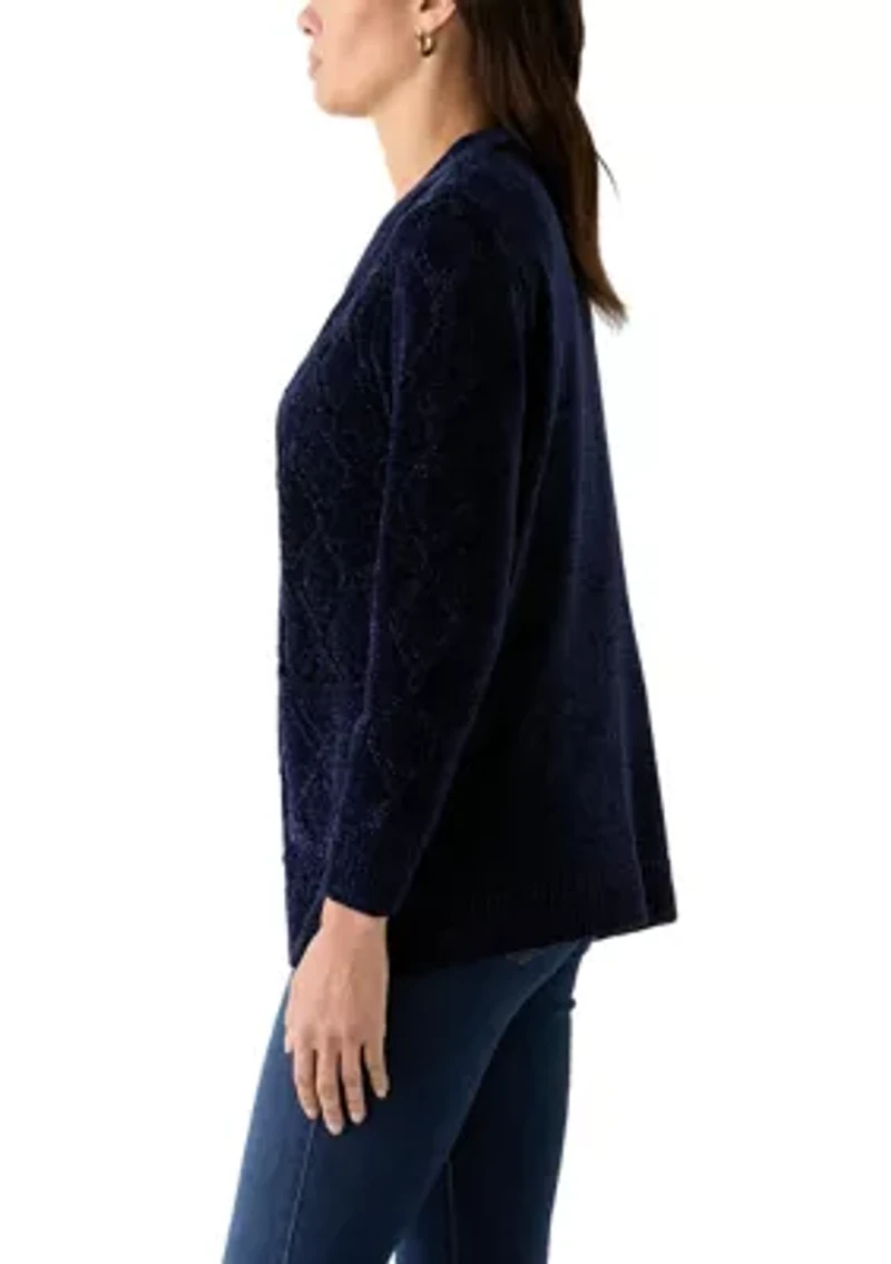 Petite Long Sleeve Open Front Chenille Cardigan