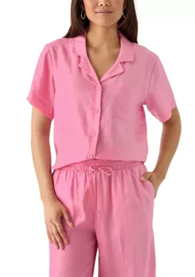 Women's Short Sleeve Linen Solid Camp Shirt