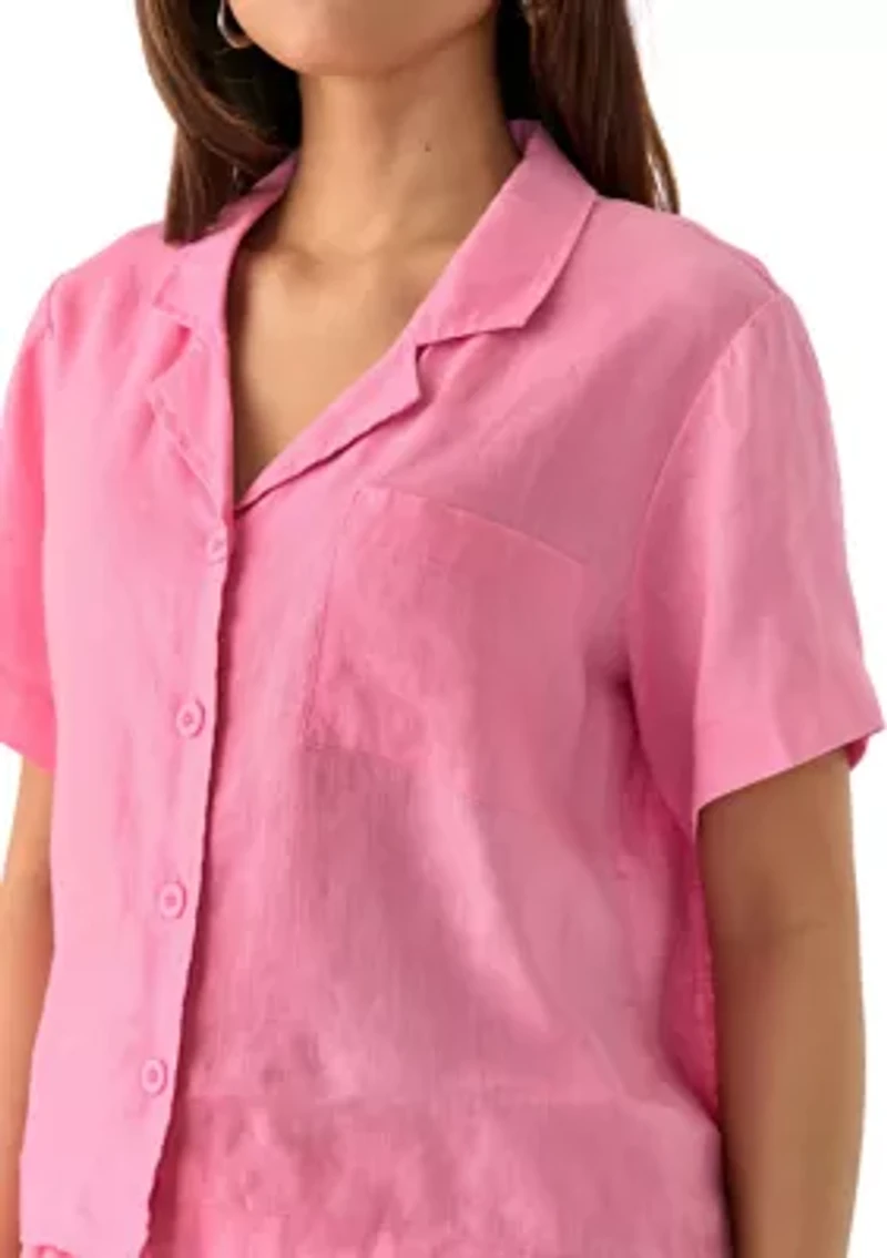 Women's Short Sleeve Linen Solid Camp Shirt