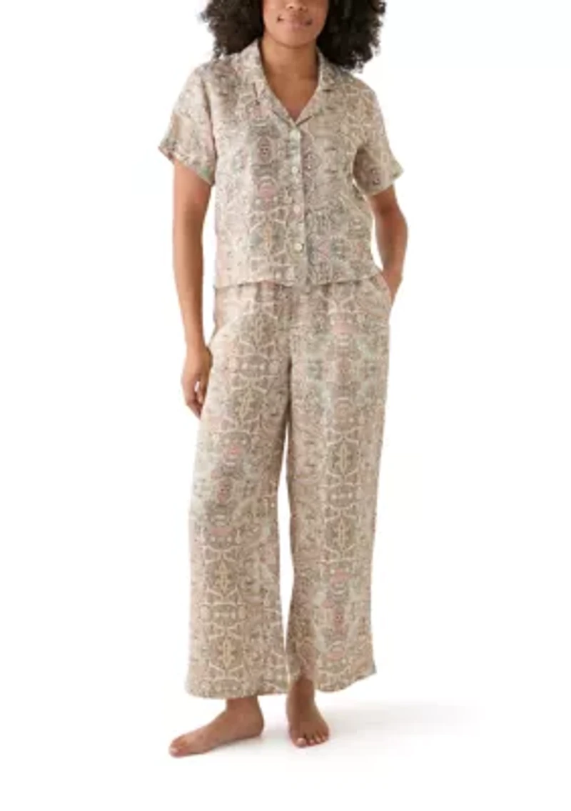 Women's Wide Leg Printed Linen Pants