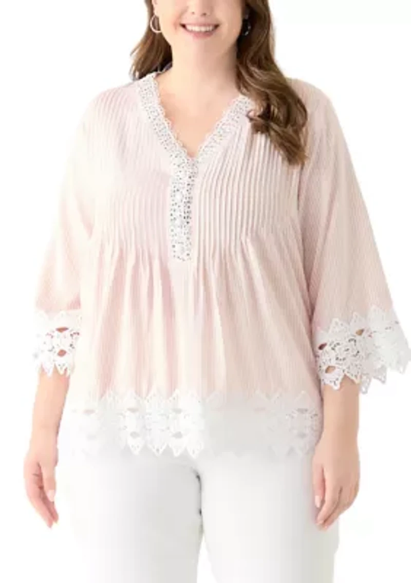 Plus 3/4 Sleeve Crochet Trim Woven Blouse