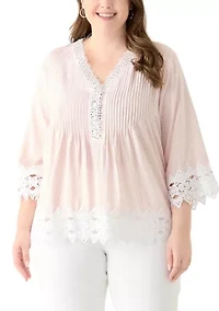 Plus 3/4 Sleeve Crochet Trim Woven Blouse