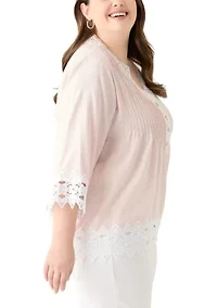Plus 3/4 Sleeve Crochet Trim Woven Blouse
