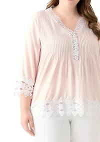 Plus 3/4 Sleeve Crochet Trim Woven Blouse