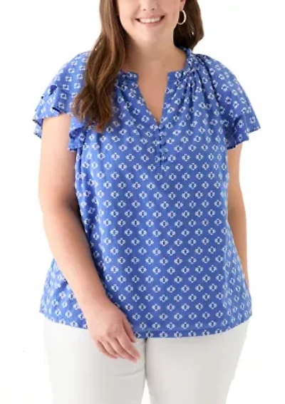 Plus Short Sleeve Double Ruffle Woven Shirt