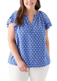 Plus Short Sleeve Double Ruffle Woven Shirt